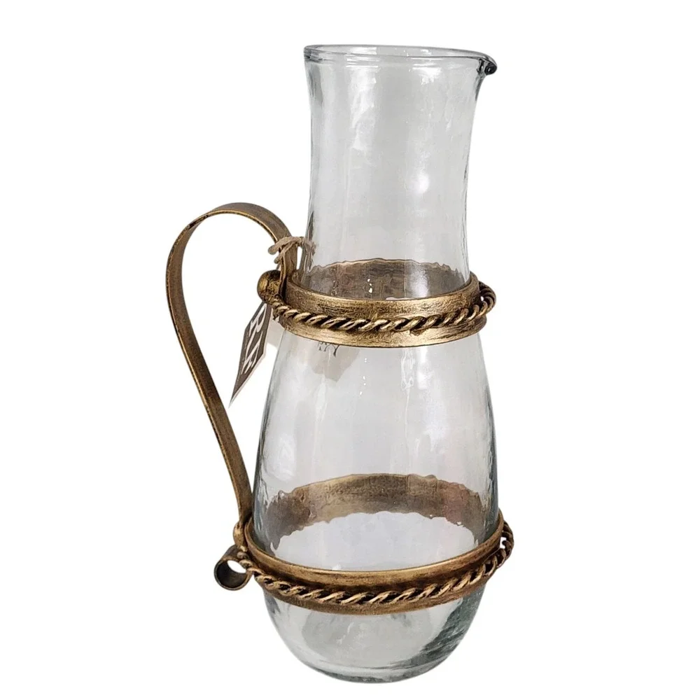 RF Home Fashion Rustic Wrought‎ Metal And Clear Glass Pitcher Vase Handcrafted